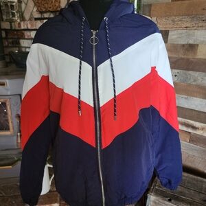 Womens Red White & Blue Faux Fur Lined Hooded Windbreaker By Angel Kiss Sz M